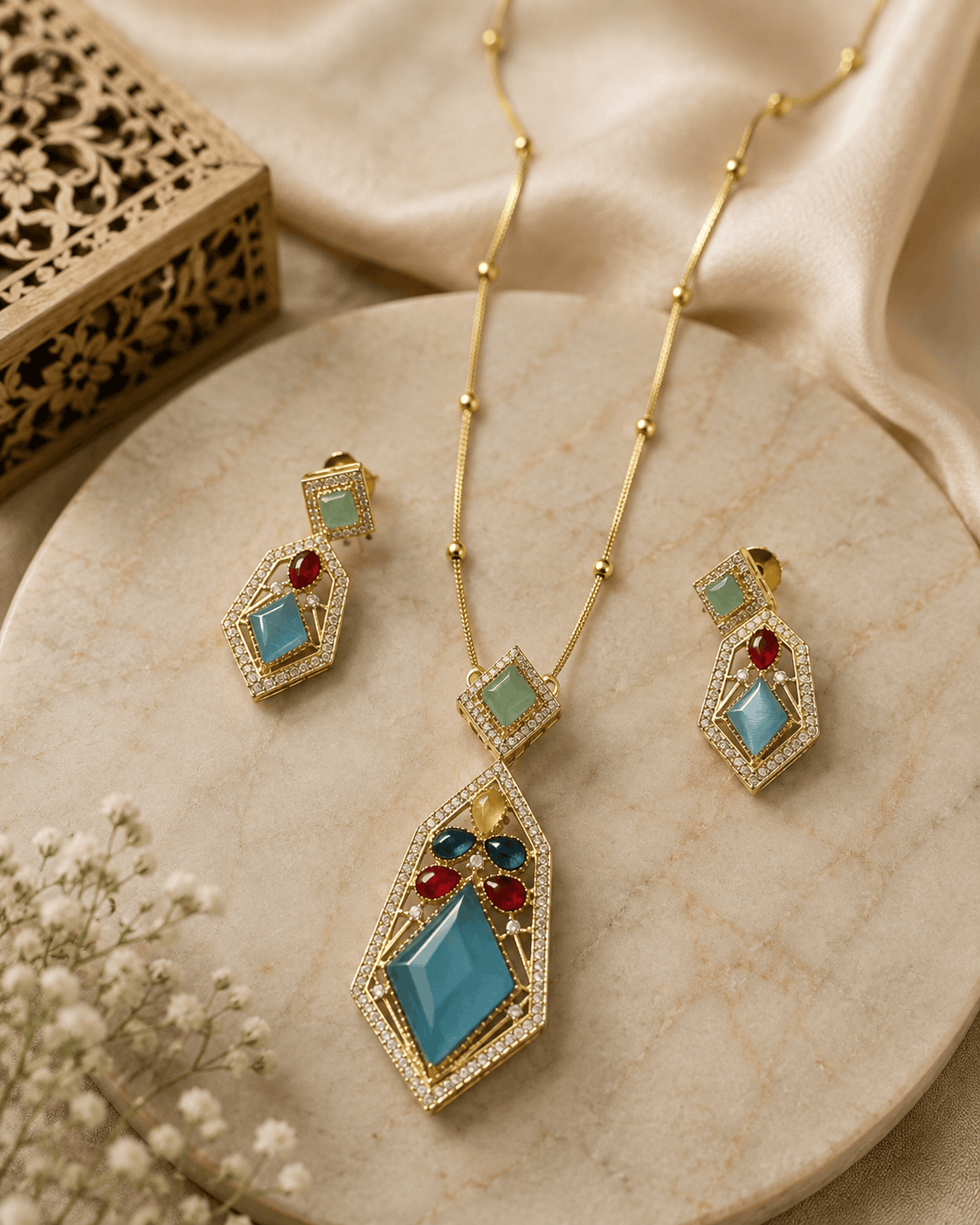 Gold-tone pendant necklace set with teal and red gemstone drop earrings