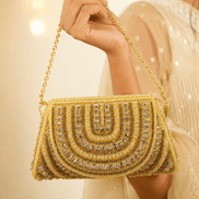 Gold beaded shoulder bag held by chain strap, detailed arched front with fringe