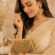 Gold beaded shoulder bag with scalloped arched design and dangling chain strap