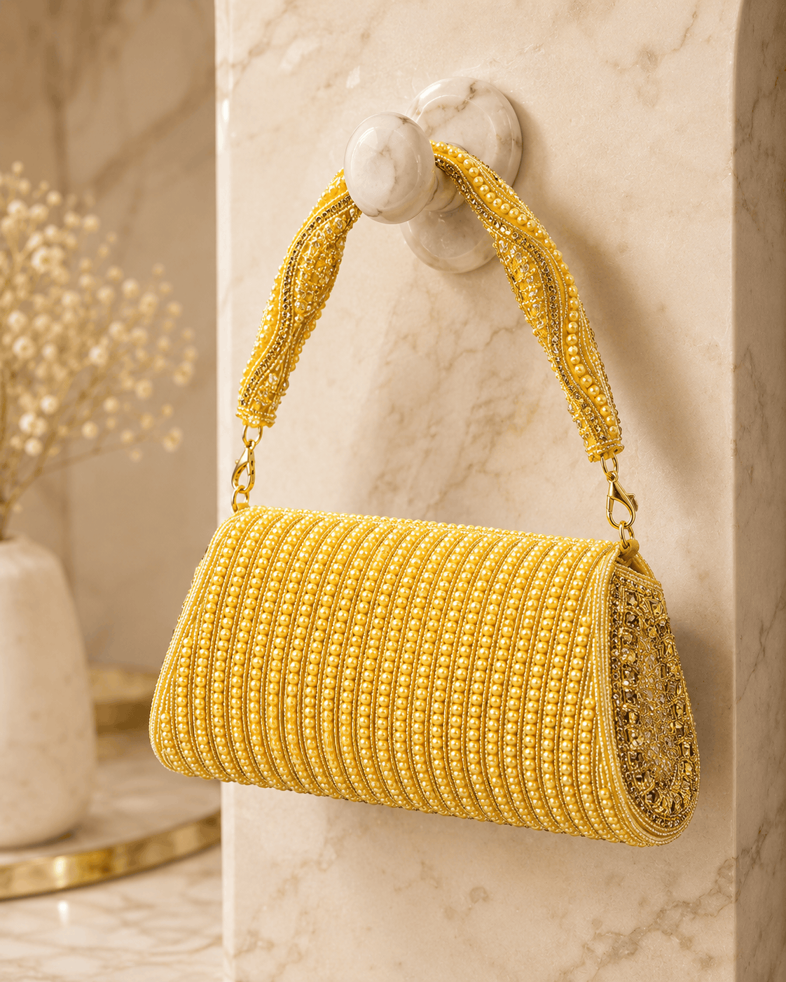 Gold beaded cylindrical shoulder bag with chain handle and tassel fringe