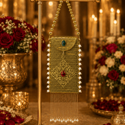Gold filigree mobile clutch with chain strap and green and red gem panels
