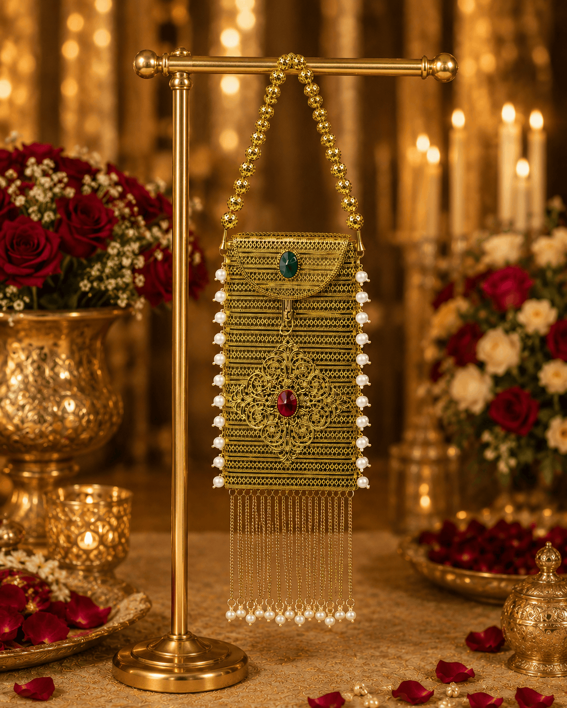 Gold filigree mobile clutch with chain strap and green and red gem panels