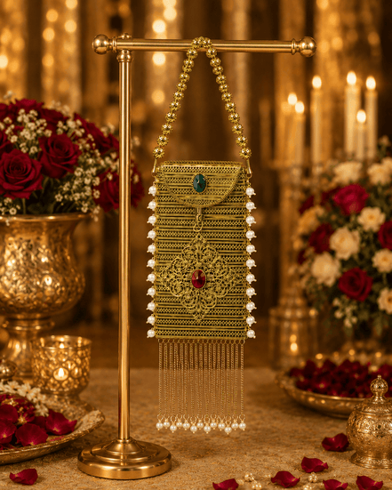Gold filigree mobile clutch with chain strap and green and red gem panels