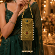 Gold filigree clutch with dangling chain strap and oval green and red stones