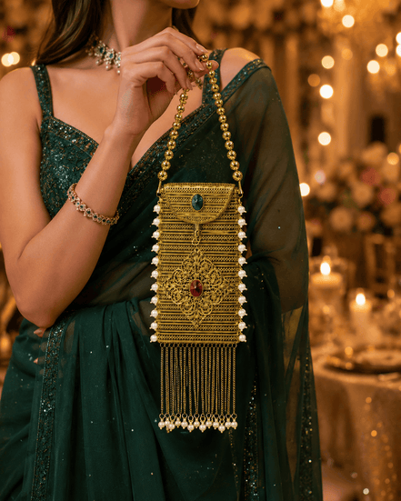 Gold filigree clutch with dangling chain strap and oval green and red stones