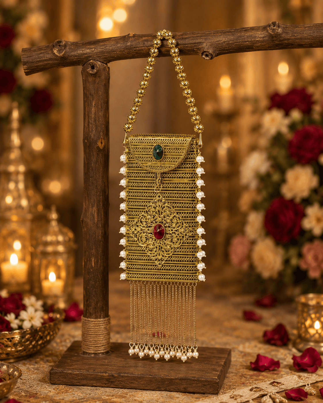 Gold filigree mobile clutch with beaded tassel fringe and green/red gem details