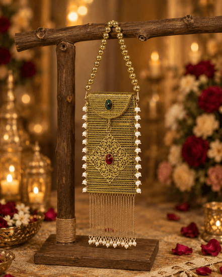 Gold filigree mobile clutch with beaded tassel fringe and green/red gem details