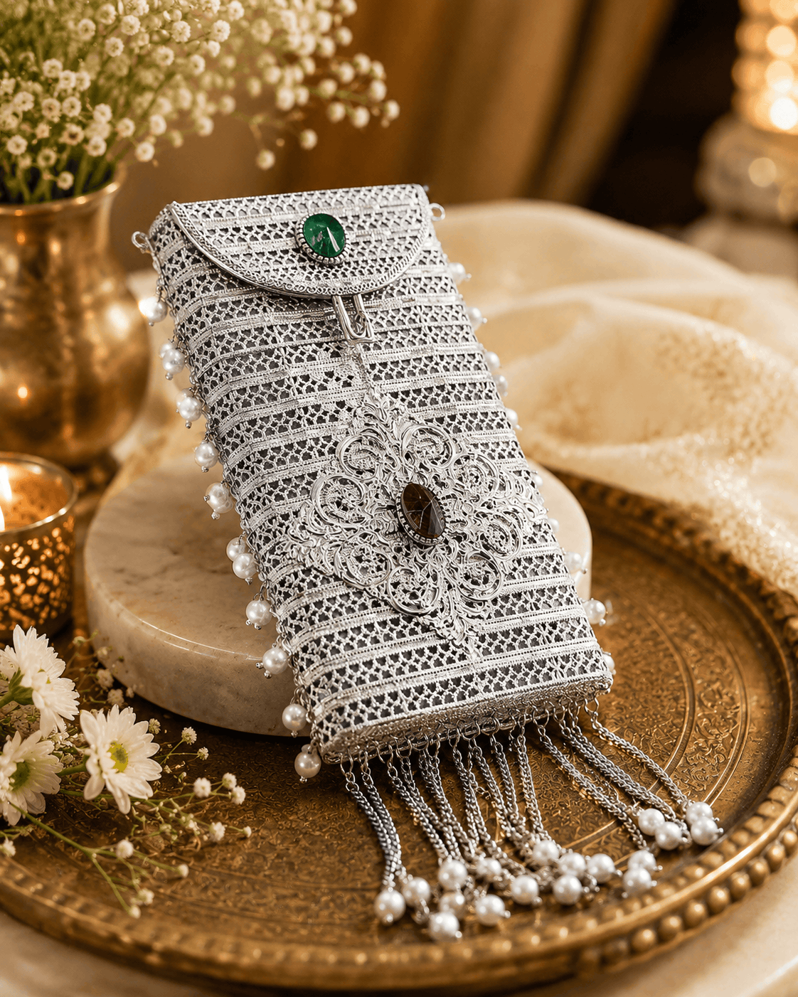 Silver filigree mobile clutch close-up with oval green and purple gems and pearl tassels