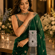 Silver filigree mobile clutch with chain strap, green and purple oval stones