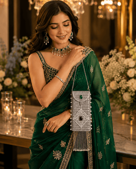 Silver filigree mobile clutch with chain strap, green and purple oval stones