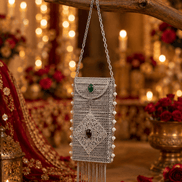 Silver filigree mobile clutch with chain handle, green and purple gem accents