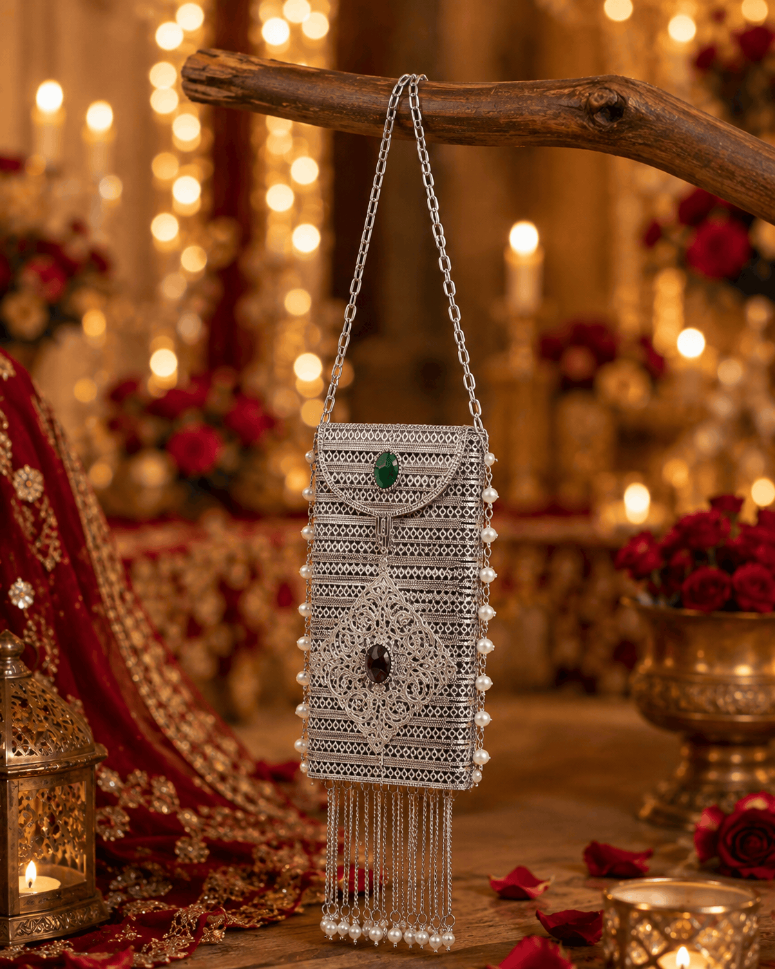 Silver filigree mobile clutch with chain handle, green and purple gem accents