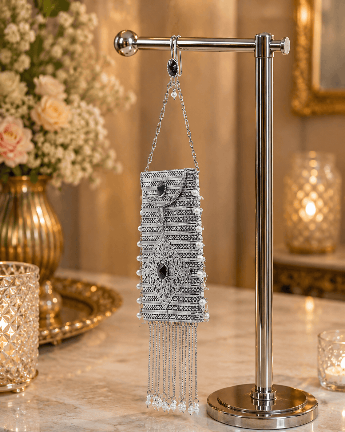 Silver filigree mobile clutch hanging with chain strap and purple oval centerpiece