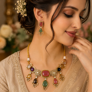 Gold-tone kundan necklace with multicolor stone drops and matching earrings on model