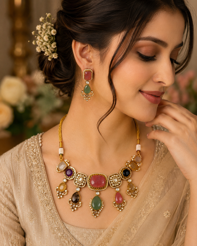 Gold-tone kundan necklace with multicolor stone drops and matching earrings on model