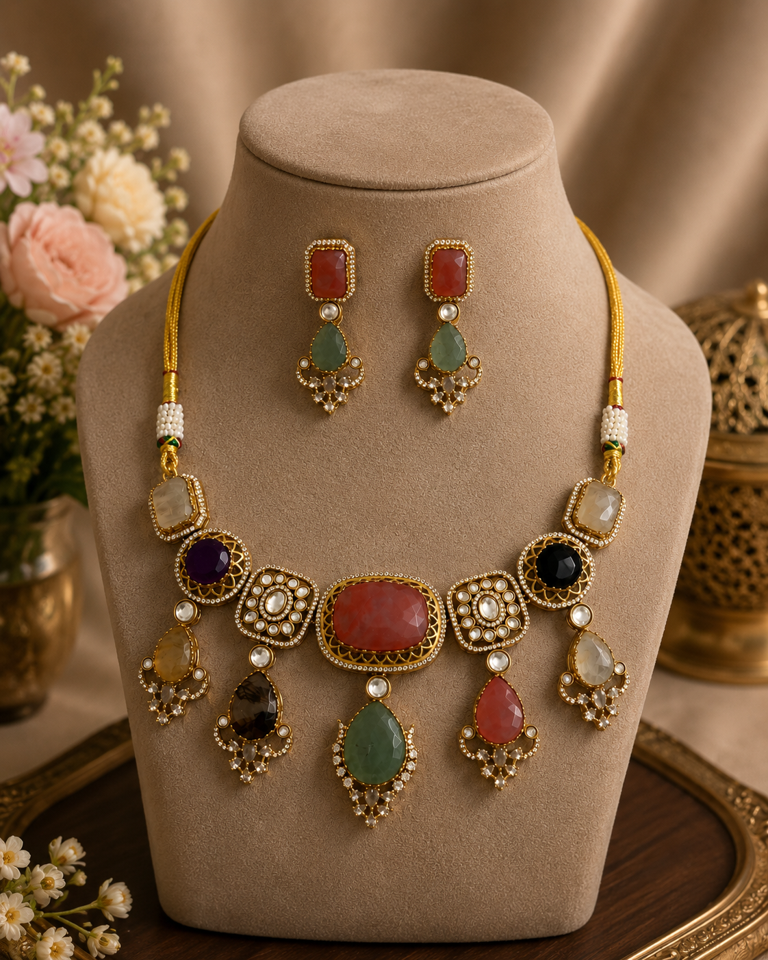 Kundan necklace set on display: gold-tone choker with multicolor stones and dangling earrings