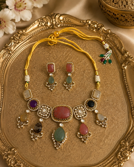 Kundan necklace set with gold-tone chain, multicolor stones, matching drop earrings