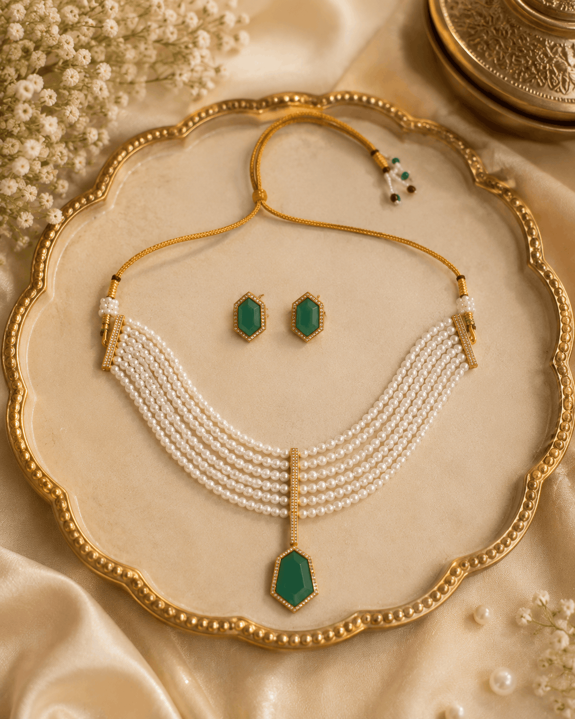 Gold-tone pearl necklace set with green drop pendant and matching stud earrings