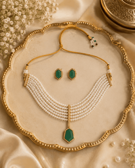 Gold-tone pearl necklace set with green drop pendant and matching stud earrings
