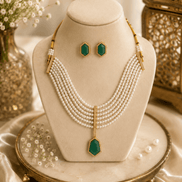 Gold-tone pearl necklace set with emerald-green drop pendant and matching stud earrings