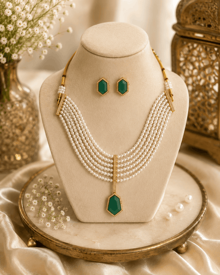 Gold-tone pearl necklace set with emerald-green drop pendant and matching stud earrings