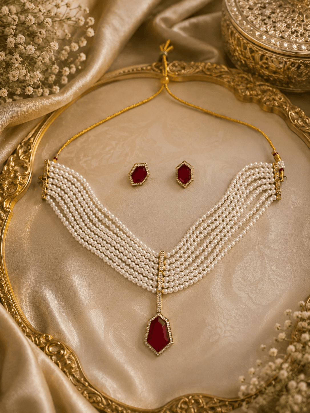 Gold-tone pearl necklace with maroon center drop pendant and beaded tassel ends