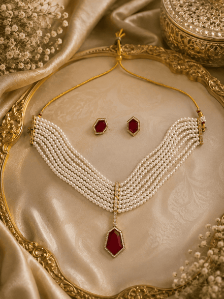 Gold-tone pearl necklace with maroon center drop pendant and beaded tassel ends