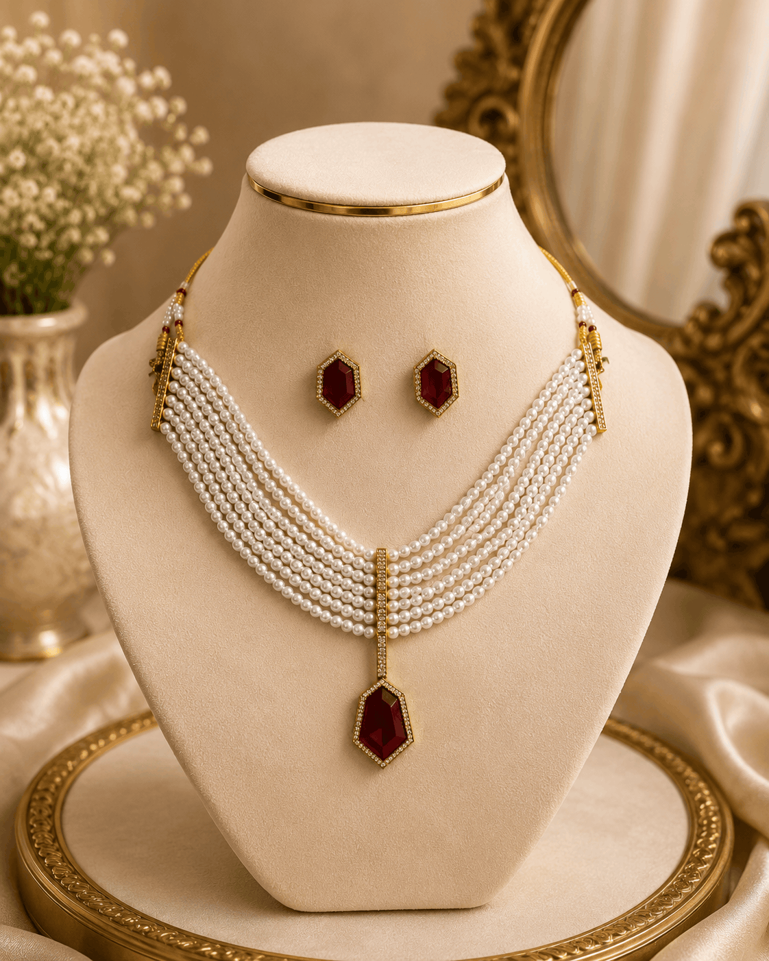 Gold-tone pearl necklace set with maroon drop pendant and matching stud earrings