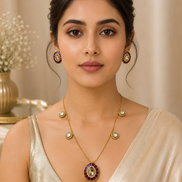 Gold-tone necklace and hoop earring set with purple-gold round medallion drops