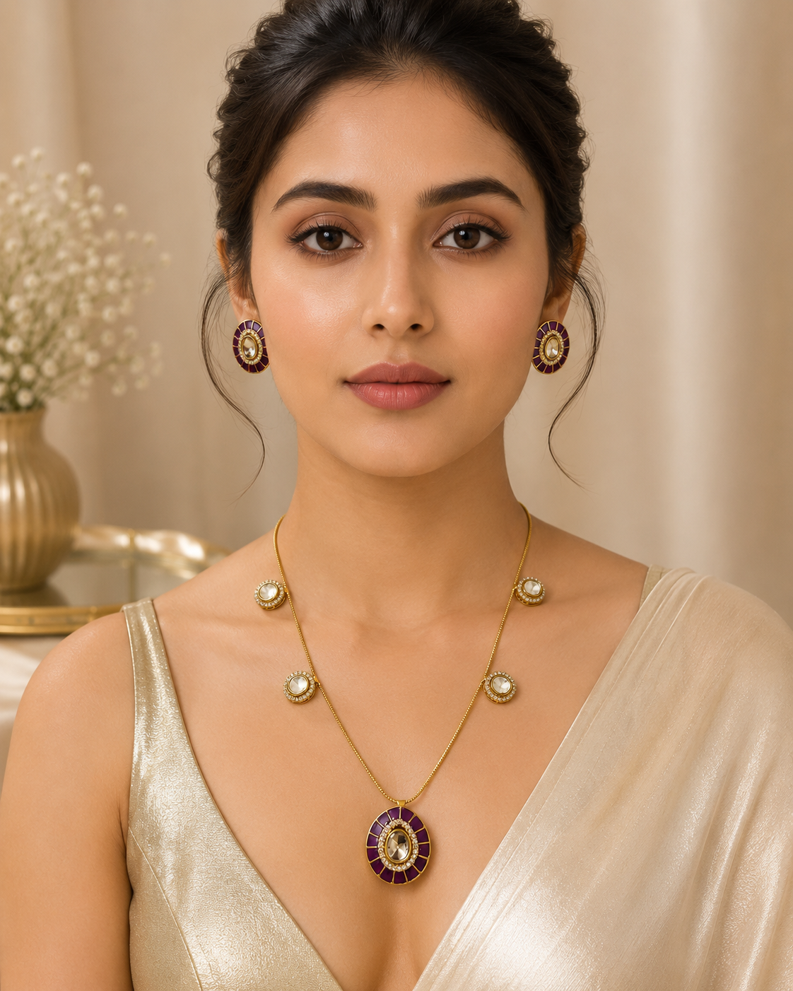 Gold-tone necklace and hoop earring set with purple-gold round medallion drops