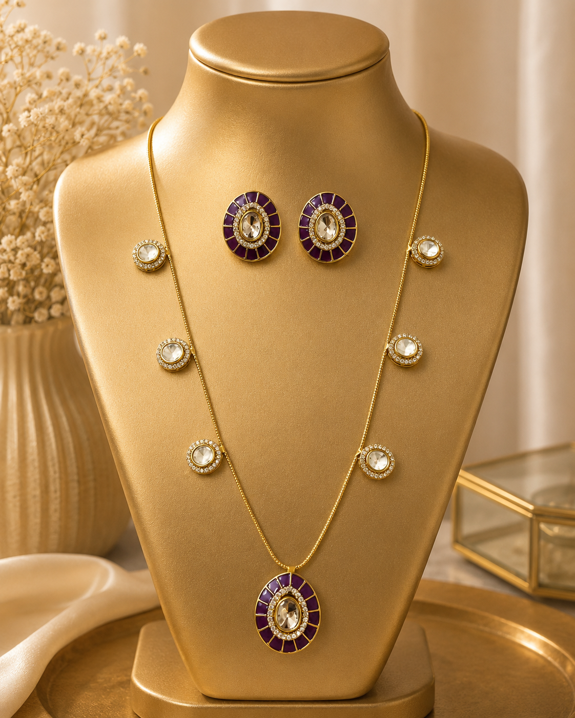 Gold-tone necklace and stud earring set with purple round center medallion pendant