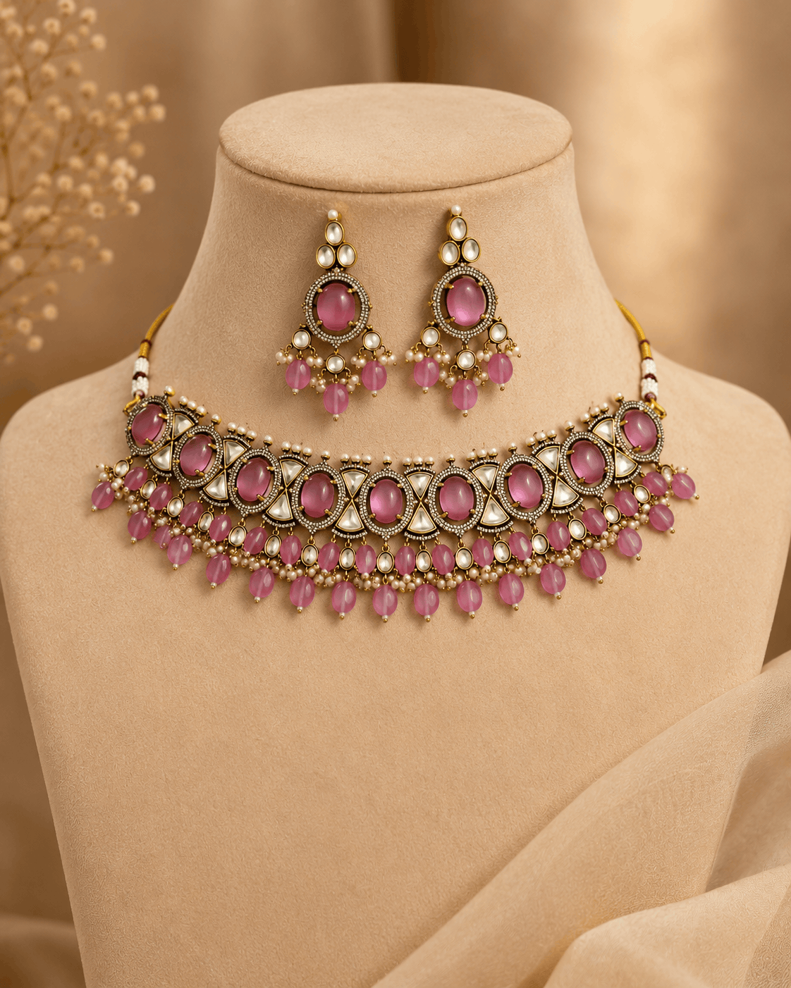 Dusty rose choker and drop earring set on bust, gold-tone frame with oval pink gemstones