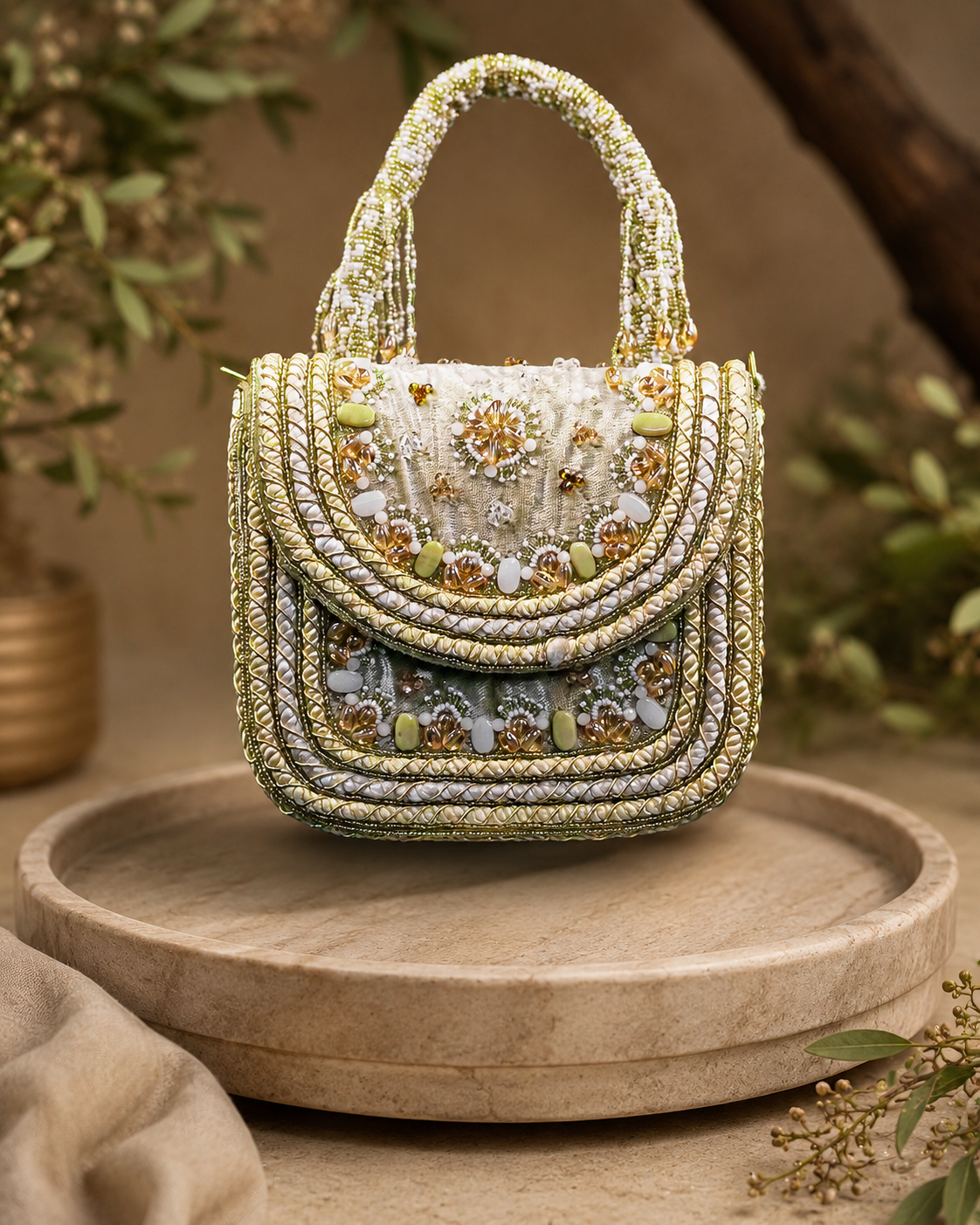 Beige beaded shoulder bag, front view with stacked bead panels and decorative stones