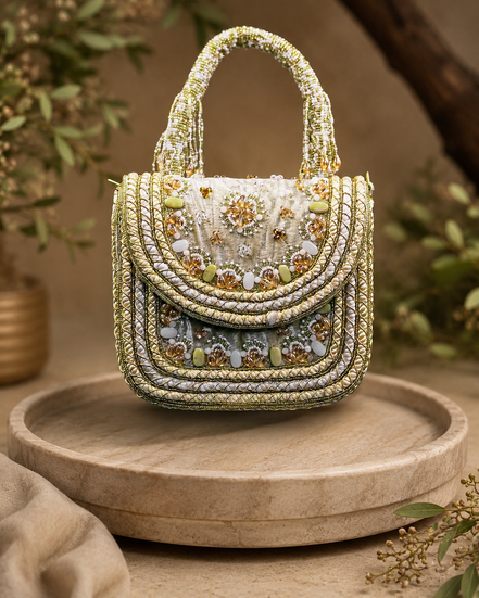 Beige beaded shoulder bag, front view with stacked bead panels and decorative stones