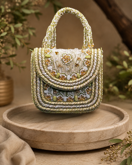 Beige beaded shoulder bag, front view with stacked bead panels and decorative stones