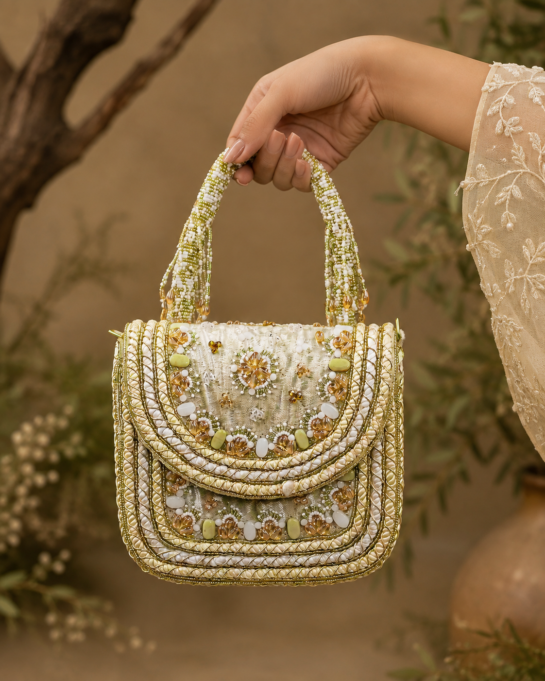 Beige beaded shoulder bag held by top handles, detailed beadwork and charm accents