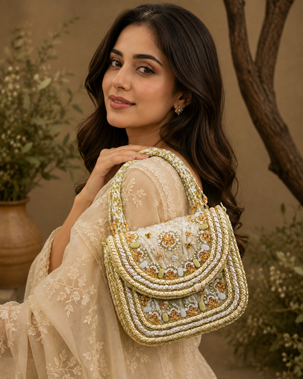 Beige beaded shoulder bag on model, side view with layered bead edging