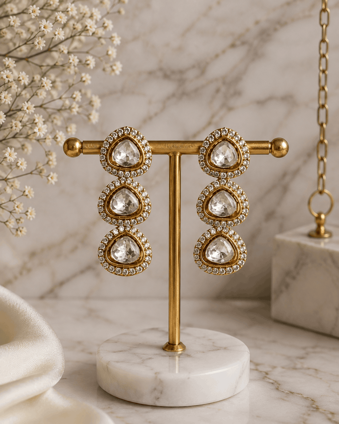 Gold-tone triple drop earrings with teardrop clear stones