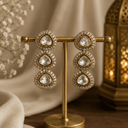 Gold-tone triple drop earrings with clear stones on a display stand