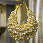 Gold crystal hobo bag with mesh fringe and loop top handles