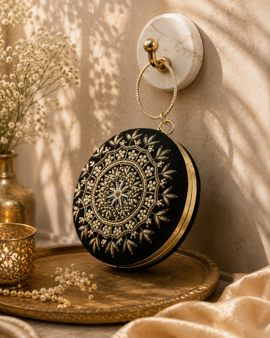 Black embroidered circular ring clutch with gold-toned floral detailing and ring handle.