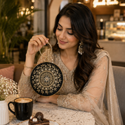 Black embroidered circular ring clutch held in hand with gold-toned ring handle hardware.