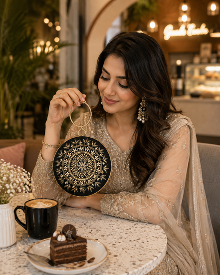 Black embroidered circular ring clutch held in hand with gold-toned ring handle hardware.
