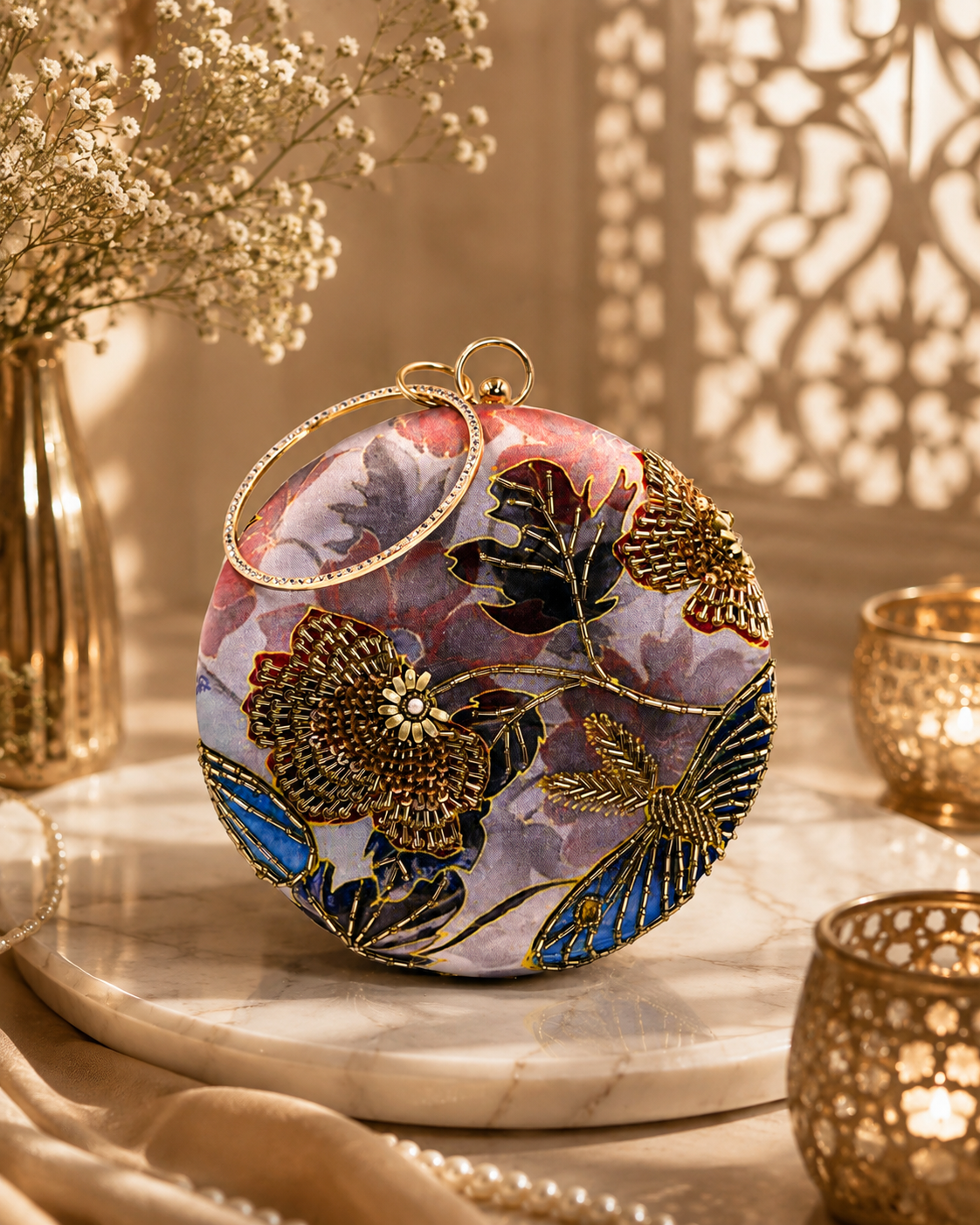 Multicolor circular embroidered ring clutch with gold-toned ring handle, front view.