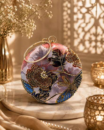 Multicolor circular embroidered ring clutch with gold-toned ring handle, front view.