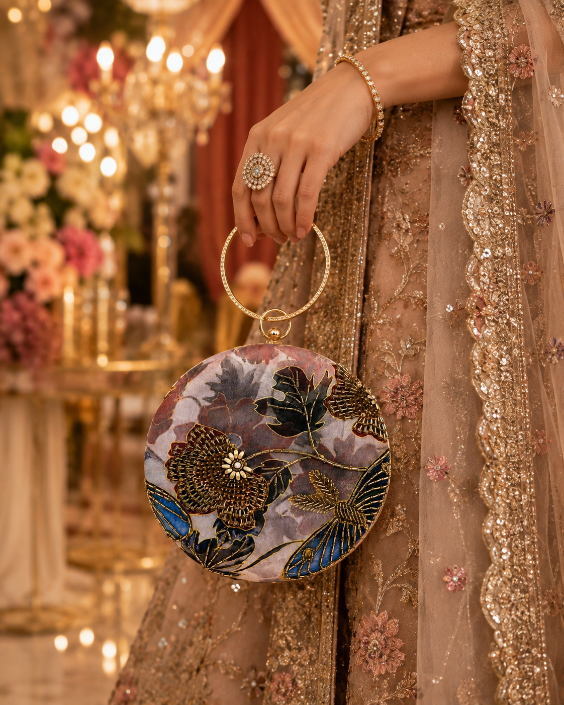 Multicolor circular embroidered ring clutch held in hand with gold-toned ring handle.