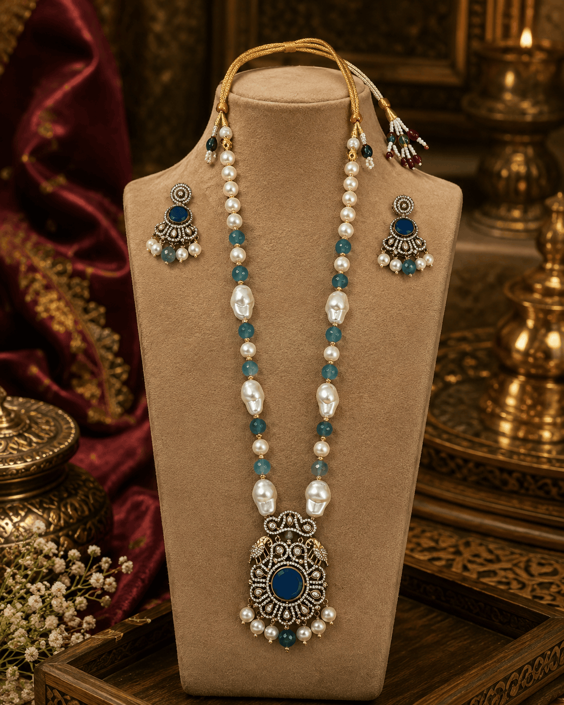 Beaded mala set with blue beads, gold teardrop earrings, and blue center pendant