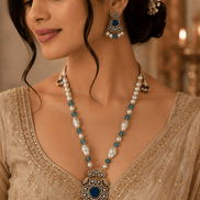 Beaded mala set with pearl and turquoise beads, gold navy center pendant, matching earrings
