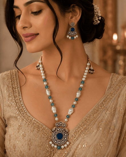 Beaded mala set with pearl and turquoise beads, gold navy center pendant, matching earrings