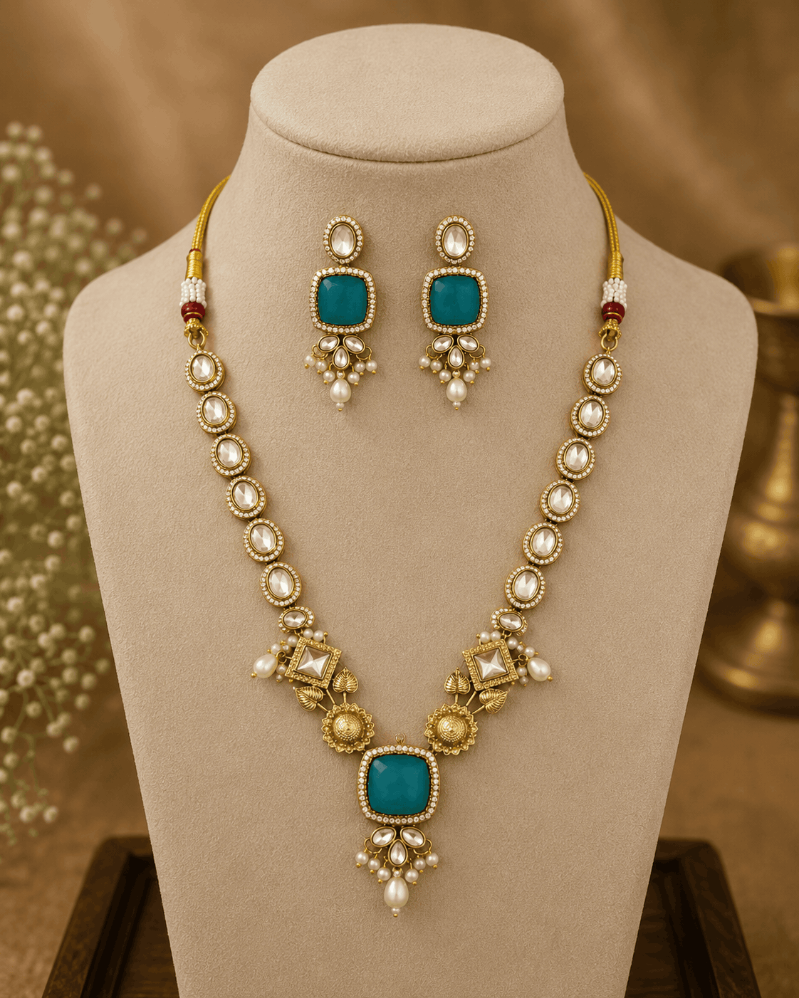 Gold-toned necklace set with teal square pendant and matching round drop earrings